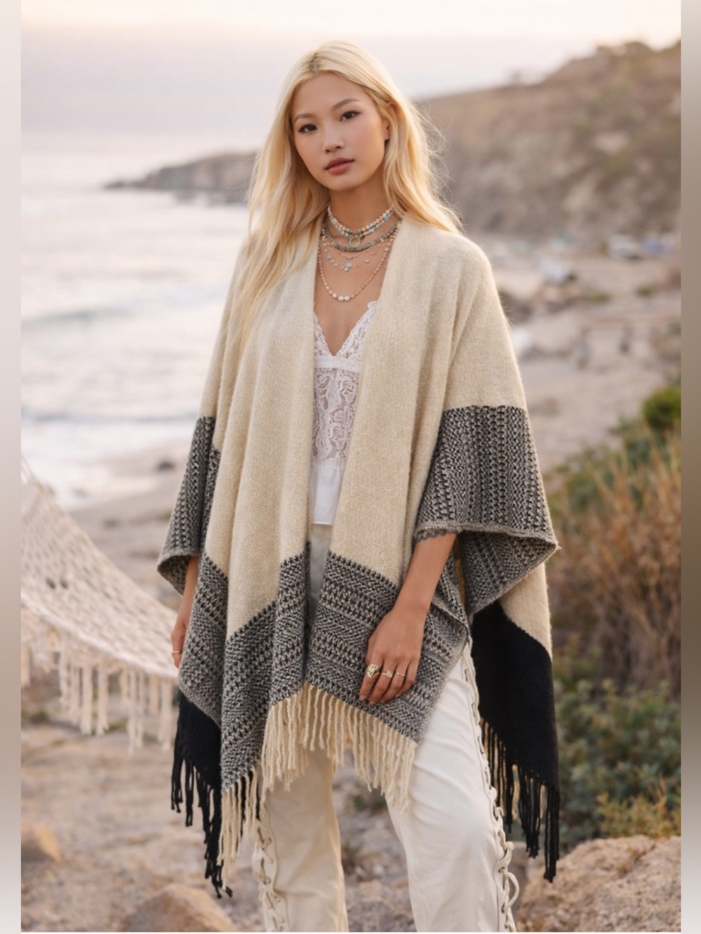 NWOT Free People Fringe Knit Poncho Shawl Cream Black Boho Aztec OSFA
